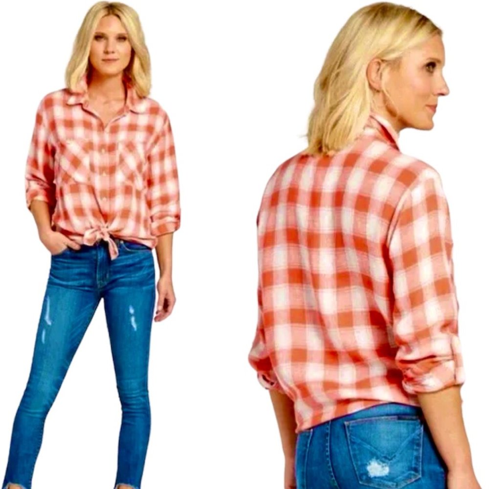 SOLD Sanctuary Plaid Boyfriend Linen Button Front Shirt Size Medium - Picture 3 of 9